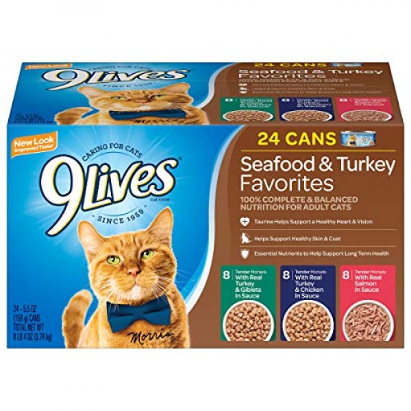 9 Lives Seafood & Turkey Favorites Wet Cat Food Variety 24 Pack...