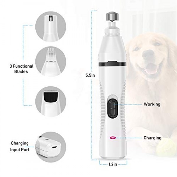 AIRXWILLS Dog Nail Grinder - Pet Nail Trimmer 3 in 1 Electric Rec...