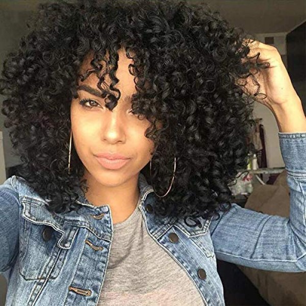 AISI HAIR Curly Afro Wig with Bangs Shoulder Length Wig Curly Bla...