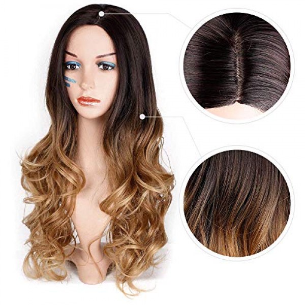 AISI QUEENS Brown Ombre Wigs Long Curly Side Part Wig 2 Tone Blac...