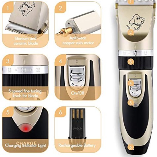 Professional Low Noise Pet Clippers, Rechargeable Cordless Dog Cl...