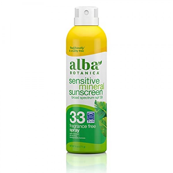 Alba Botanica Sensitive Sunscreen Spray, SPF 33, Fragrance Free, ...