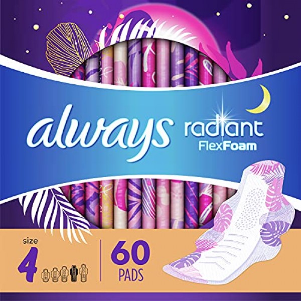 Always Radiant Feminine Pads for Women, Size 4, 60 Count, Overnig...