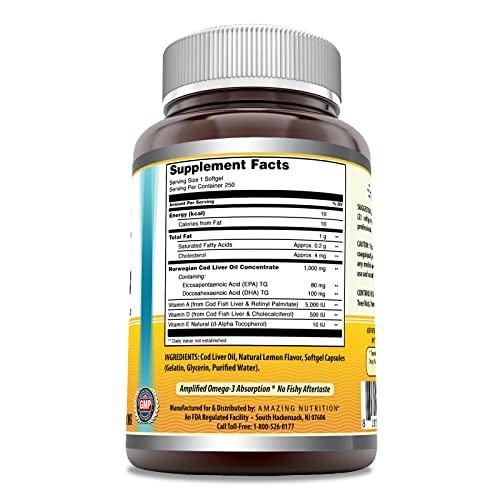 Amazing Omega Norwegian Cod Liver Oil 1000 Mg 250 Softgels | Lemo...