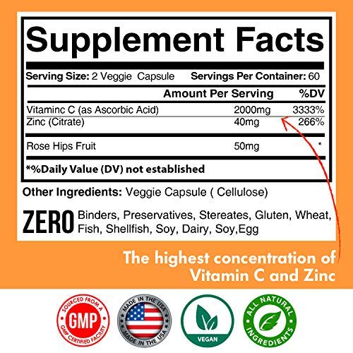 Vitamin C 2000mg with Zinc 40mg Per Serving and Rose Hips Extract...