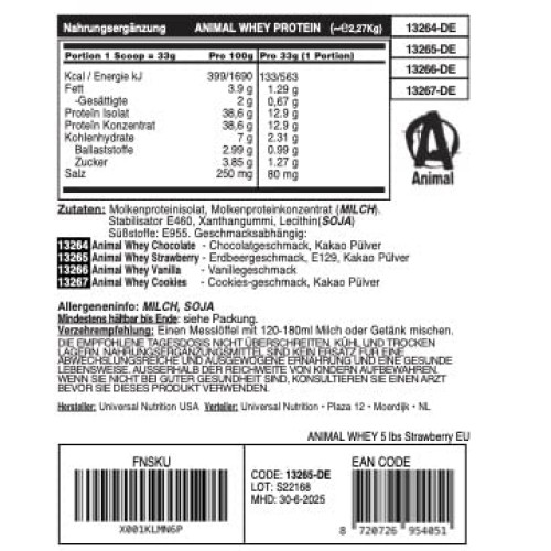 Animal Whey Isolate Whey Protein Powder, Strawberry, 4 Pound, 64 oz