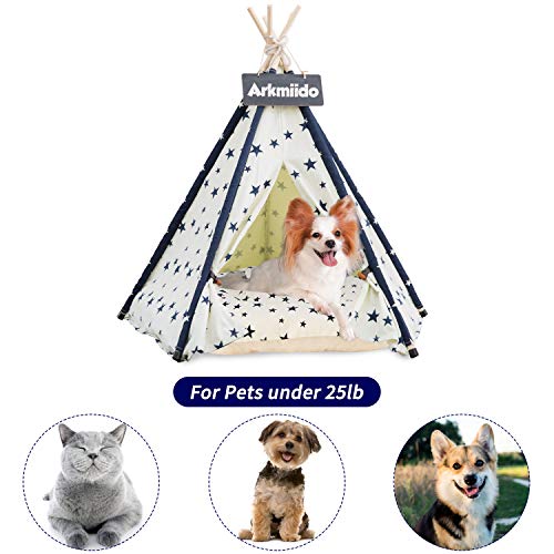 Arkmiido Pet Teepee with Cushion, DogPuppy/Cat House with Bed, ...