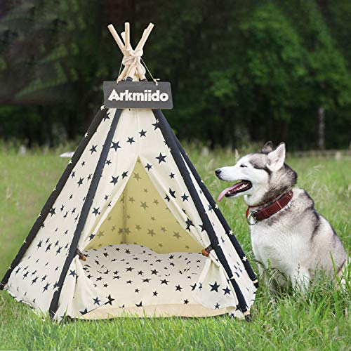 Arkmiido Pet Teepee with Cushion, DogPuppy/Cat House with Bed, ...