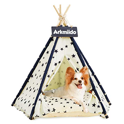 Arkmiido Pet Teepee with Cushion, DogPuppy/Cat House with Bed, ...
