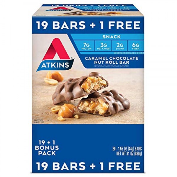 Atkins Snack Bar, Caramel Chocolate Nut Roll, 20 Count