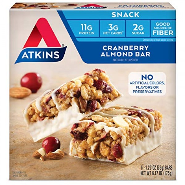 Atkins Snack Bar, Multi, Cranberry Almond, 1.23 Ounce , 5 Count