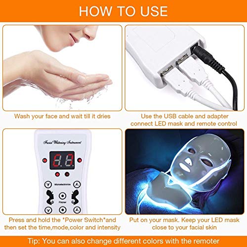 Led Face Light 7 Color Facial Skin Care with Blue & Red Light for...