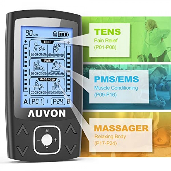 AUVON Dual Channel TENS EMS Unit 24 Modes Muscle Stimulator for P...