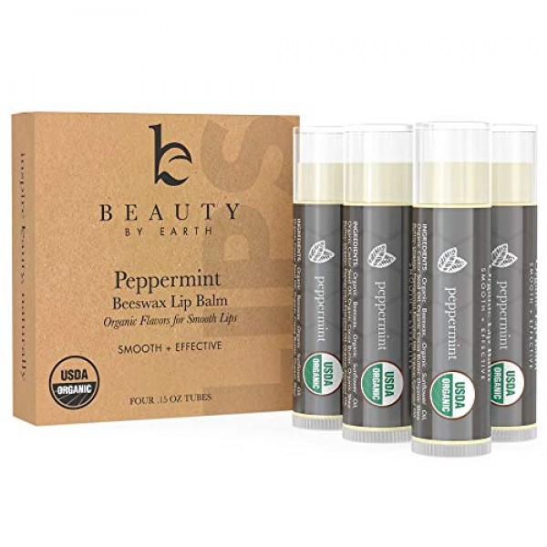 Organic Lip Balm Peppermint - 4 Pack of Natural Lip Balm, Lip Moi...