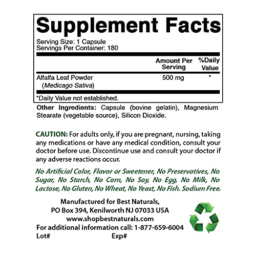 Best Naturals Alfalfa Green Super Food 500 mg 180 Capsules