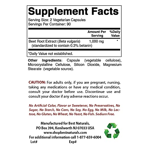 Best Naturals Beet Root Powder 500 Mg Capsules, 180 Count
