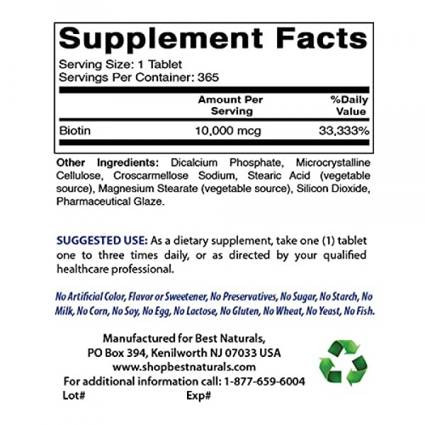 Best Naturals Biotin Also Called Vitamin B7, 10,000 mcg, 365 Da...