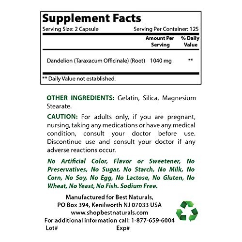 Best Naturals Dandelion Root 520 mg 250 Capsules