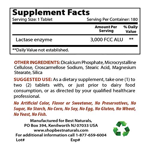 Best Naturals Fast Acting Lactase Enzyme Tablet, 3000 Fcc Alu, 18...
