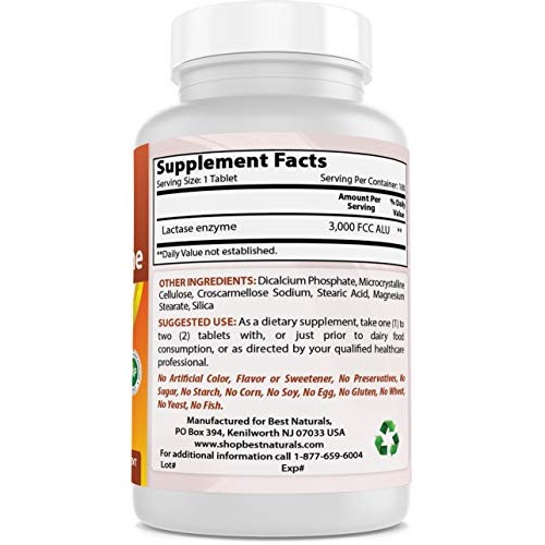 Best Naturals Fast Acting Lactase Enzyme Tablet, 3000 Fcc Alu, 18...