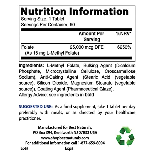 Best Naturals Methyl Folate 15000 mcg 15mg Most Bio-Available...