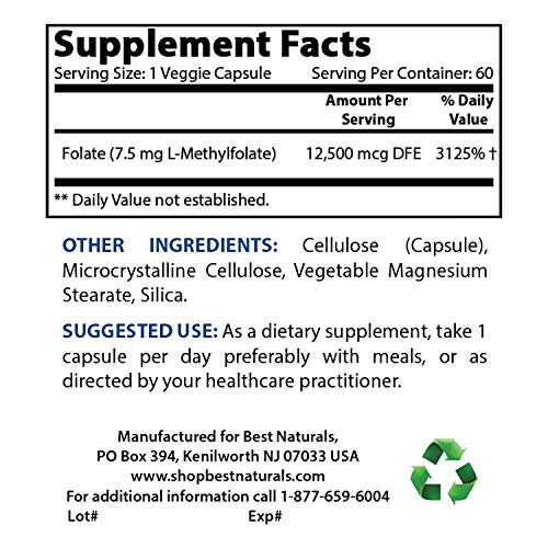 Best Naturals Methyl Folate 7500 mcg 7.5mg Most Bio-Available...