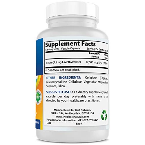 Best Naturals Methyl Folate 7500 mcg 7.5mg Most Bio-Available...