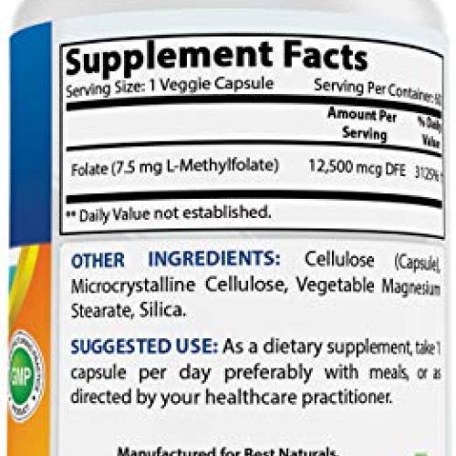 Best Naturals Methyl Folate 7500 mcg 7.5mg Most Bio-Available...