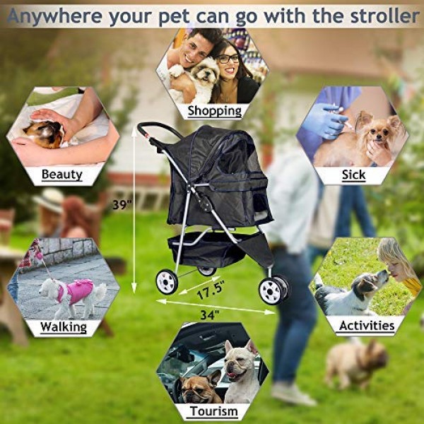 3 Wheels Pet Stroller Large/Small Dog Stroller for Dog Cat Stroll...