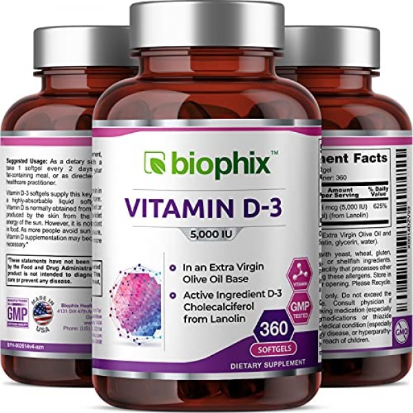 Vitamin D-3 5000 IU 360 Softgels - High-Potency in Extra Virgin O...
