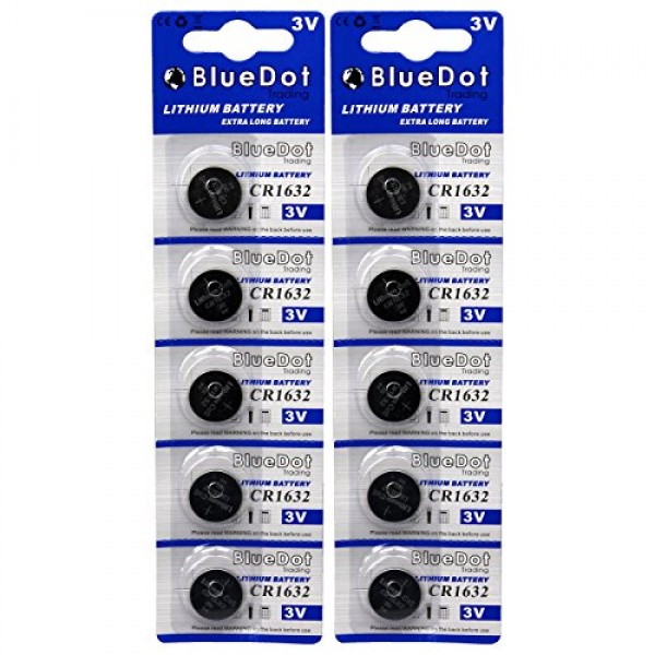 BlueDot Lithium Watch Batteries, 3 Volts, 10 CR1632 batteries