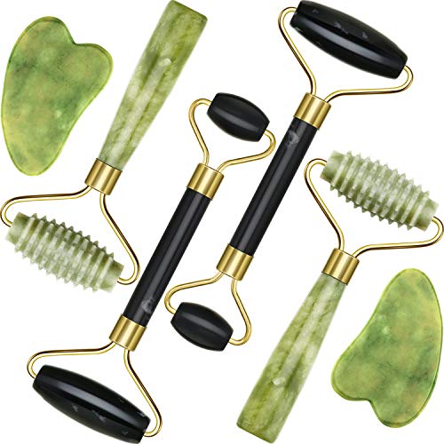 4 Pack Jade Roller Facial Ridged Roller Kits Skin Roller with 2 P...