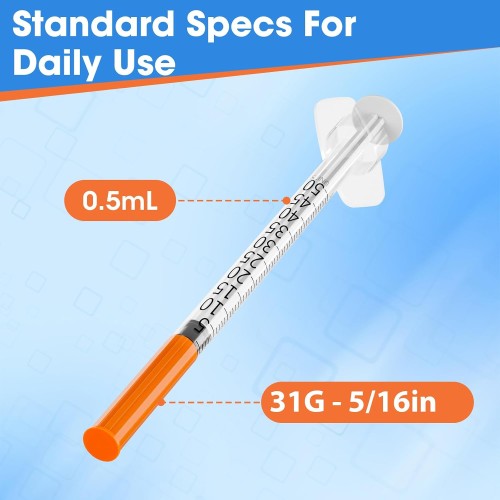 (U-100)-31G Syringes 5/16 Inch (8mm) 0.5ml/cc, Pack of 100