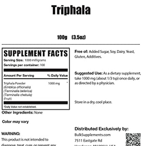BulkSupplements.com Triphala Powder 100 Grams - 3.5 oz