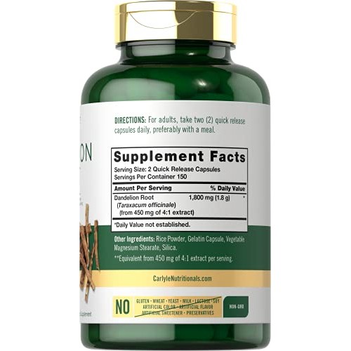 Carlyle Dandelion Root Capsules 1800mg | 300 Count | Non-GMO, Glu...