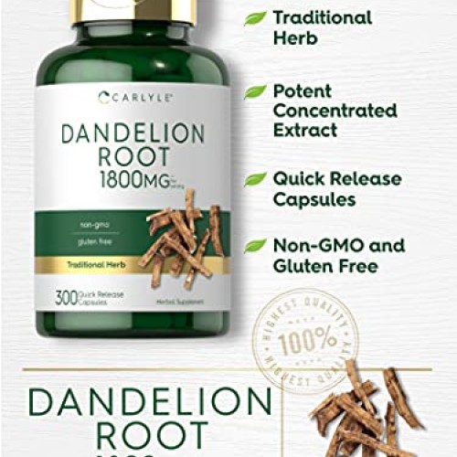 Carlyle Dandelion Root Capsules 1800mg | 300 Count | Non-GMO, Glu...