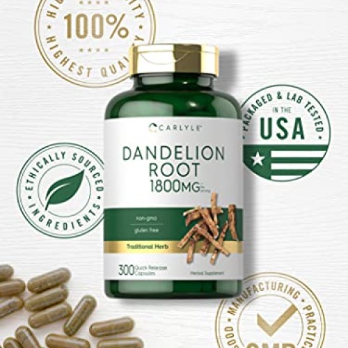 Carlyle Dandelion Root Capsules 1800mg | 300 Count | Non-GMO, Glu...