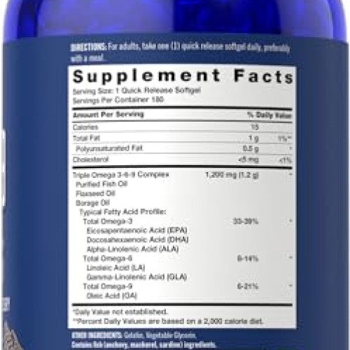 Carlyle Omega 3-6-9 1200mg | 180 Softgel Capsules | Triple Omega ...