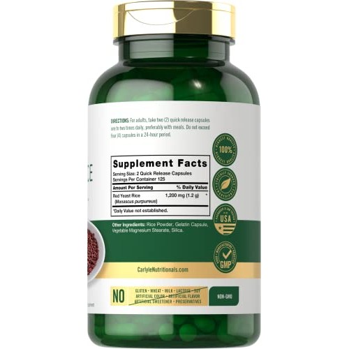 Carlyle Red Yeast Rice 1200 mg | 250 Capsules | Non-GMO, Gluten F...