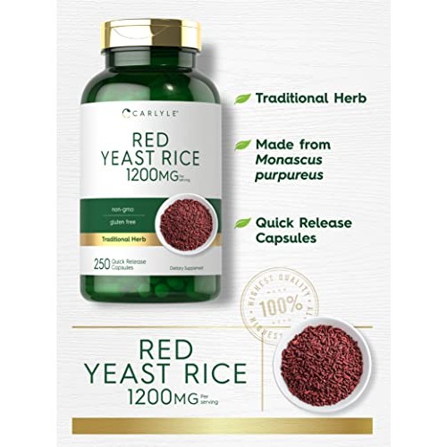 Carlyle Red Yeast Rice 1200 mg | 250 Capsules | Non-GMO, Gluten F...