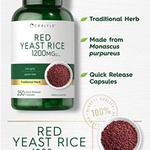 Carlyle Red Yeast Rice 1200 mg | 250 Capsules | Non-GMO, Gluten F...