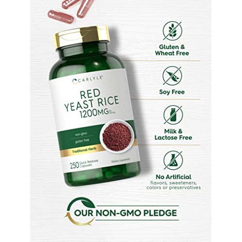 Carlyle Red Yeast Rice 1200 mg | 250 Capsules | Non-GMO, Gluten F...