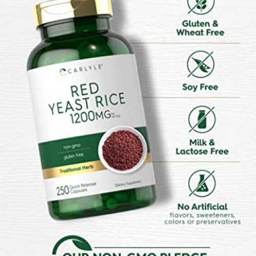 Carlyle Red Yeast Rice 1200 mg | 250 Capsules | Non-GMO, Gluten F...