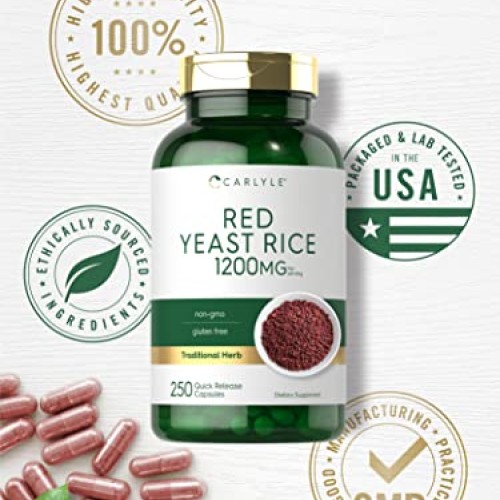Carlyle Red Yeast Rice 1200 mg | 250 Capsules | Non-GMO, Gluten F...