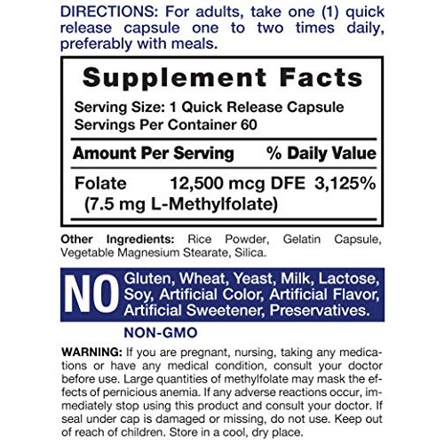 L Methylfolate 7.5 mg | 60 Capsules | Optimized and Activated | N...