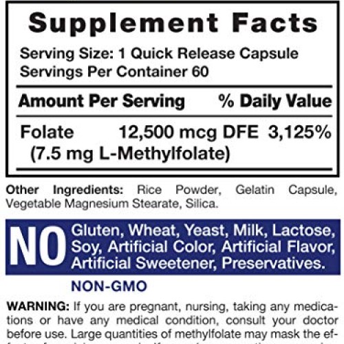 L Methylfolate 7.5 mg | 60 Capsules | Optimized and Activated | N...