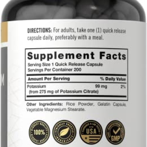 Potassium Citrate 99mg | 200 Capsules | Non-GMO and Gluten Free S...