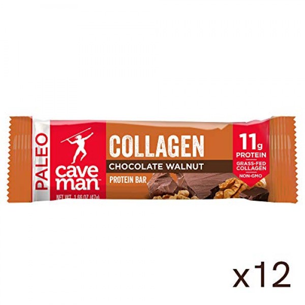 Caveman Foods Collagen Chocolate Walnut Protein Bar, 12 Count