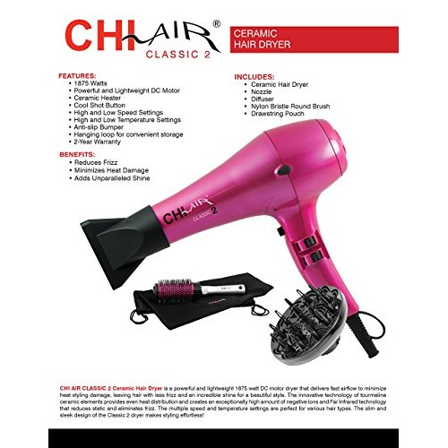 CHI Classic 2 Ceramic Hair Dryer with Travel Bag and Round Brush