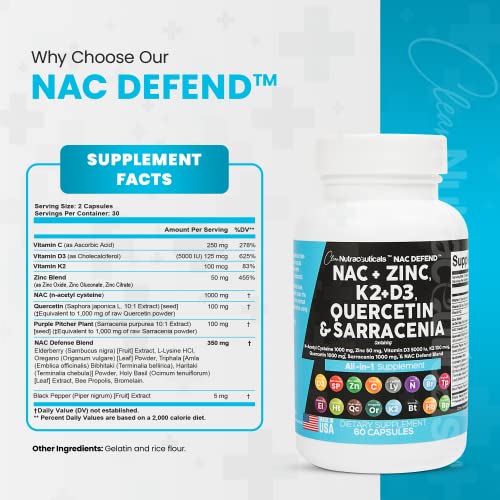 NAC Supplement N-Acetyl Cysteine 1000mg Vitamin D3 K2 Zinc Querce...
